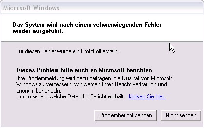 Windows wird nach schwerem Fehler neu gestartet