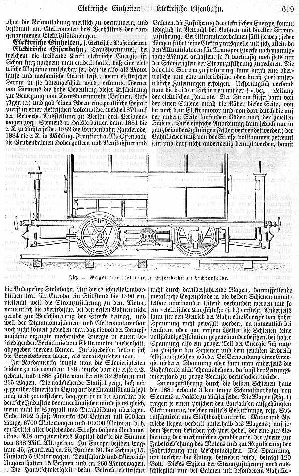 Meyers Konversationslexikon, 5. Auflage, über die elektrische Eisenbahn